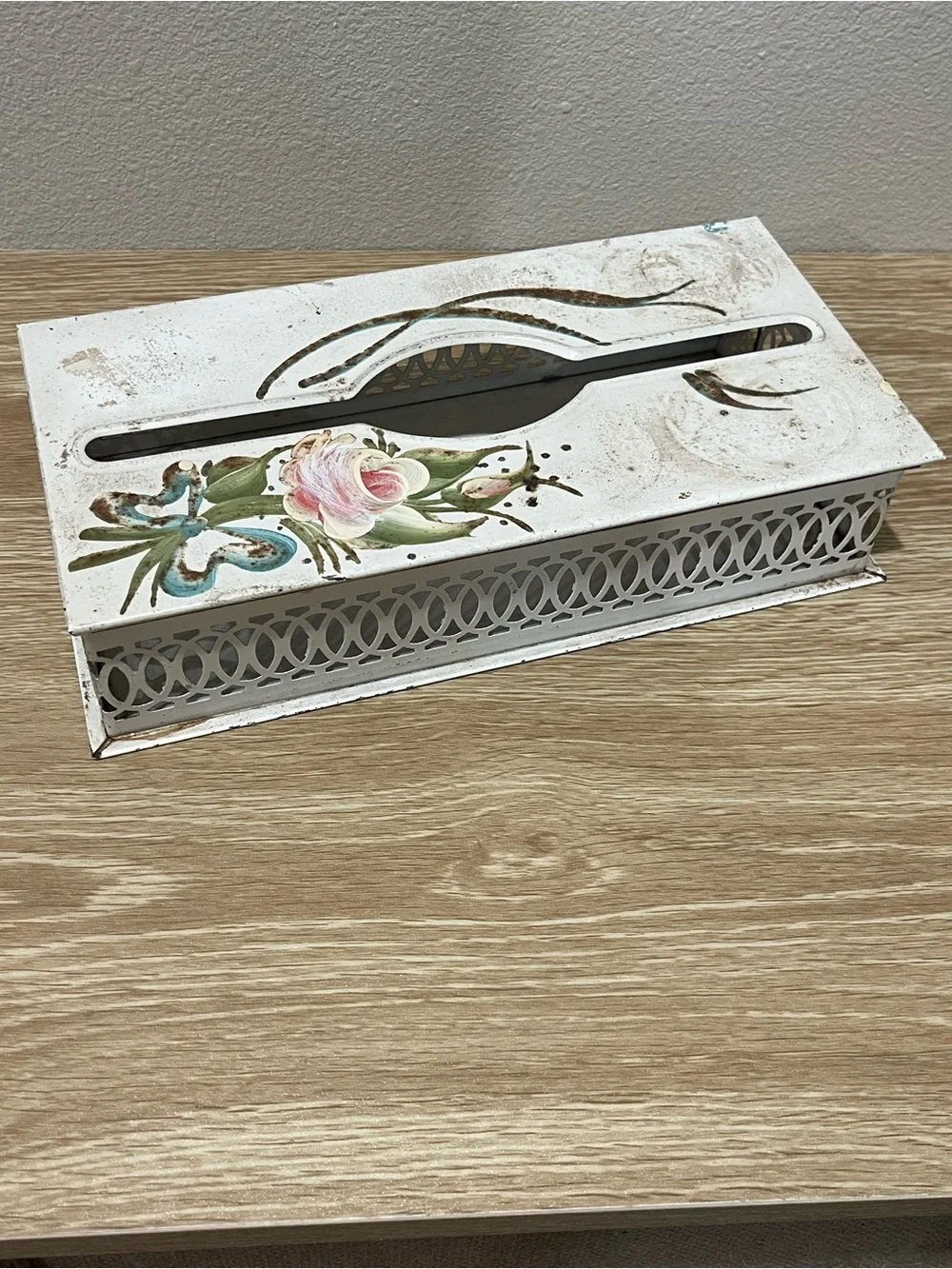 Vintage Metal Handpainted MCM Tissue Box Holder Floral Design / Wall Mount